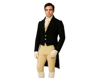 Men’s Regency Tailcoat Suit – Black Frock Coat, Beige Breeches