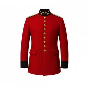 May include: A red military-style jacket with gold buttons and trim. The jacket has a high, black collar with gold accents and black cuffs. Two pockets are visible on the front.