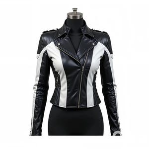 Women&#39;s Black and White Cowhide Leather Biker Jacket – Stylish Slim Fit Moto Outerwear