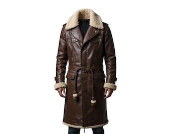 May include: A brown leather coat with a cream-colored shearling collar and cuffs. The coat features a belt at the waist, two front pockets, and decorative tassels. The coat measures approximately 55 inches in length.