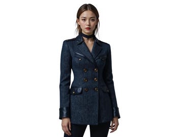 Blazer militar azul marino para mujer / Chaqueta cruzada a medida / Abrigo gótico formal de invierno / Ropa de oficina de lujo con estructura