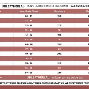 May include: A men's leather jacket size chart, with measurements in inches. The chart includes sizes from XXS to 8XL, listing body chest, shoulder, and sleeve measurements. The UBLEATHERLAB logo is at the top. The text says, "Will personally guide you."