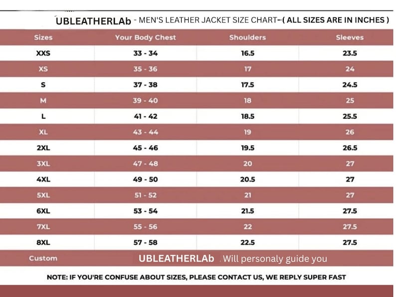 May include: A men's leather jacket size chart, with measurements in inches. The chart includes sizes from XXS to 8XL, listing body chest, shoulder, and sleeve measurements. The UBLEATHERLAB logo is at the top. The text says, "Will personally guide you."