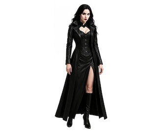 Handmade Black Leather Gothic Trench Coat | Corset Vampire Style