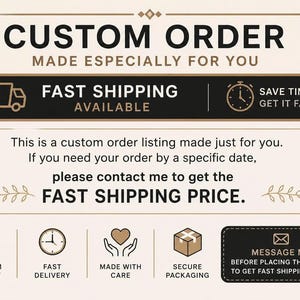 Listado de pedidos personalizados para usted, envío rápido disponible, artículo personalizado hecho a pedido, procesamiento prioritario, entrega exprés.