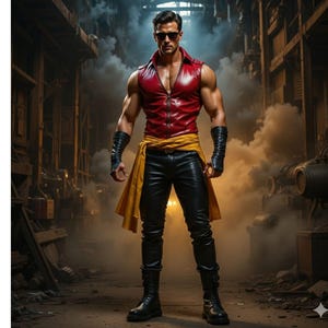 May include: A figure in a smoky industrial setting, wearing a red leather vest, black leather trousers, and boots. A yellow sash is tied around the waist. The figure is also wearing black gloves and sunglasses.