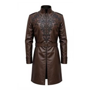 Brown Embroidered Leather Trench Coat Men | Gothic Military Long Jacket | Handmade Genuine Leather Coat