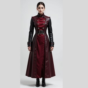 Gothic Viktorianische Militär Lange Mantel - Rot & Schwarz Leder Trench, Steampunk Cosplay Jacke für Frauen