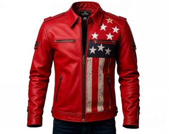 May include: Red leather jacket with a full-length zipper and a classic collar. The jacket features an American flag design on the chest and white stars on the shoulders. The jacket has two zippered pockets and a small patch on the left sleeve.