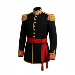 Könnte beinhalten: Schwarze Jacke im Militärstil mit goldenen Verzierungen und Schulterklappen. Die Jacke hat goldene Knöpfe, einen roten Schärpe und dekorative goldene Stickereien an Kragen und Manschetten. Ein formelles Kleidungsstück.
