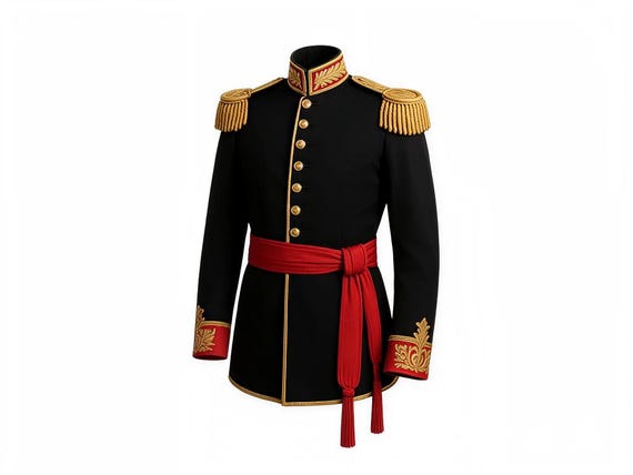 Mens Black Military Parade Coat | Gold Embroidery, Red Sash