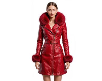 May include: A red leather coat with a fur-trimmed hood and cuffs. The coat features a belted waist, a zipper closure, and a V-neckline. The coat's length is mid-thigh.