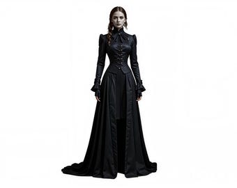 Czarna gotycka sukienka maxi dla kobiet w stylu wiktoriańskim | Gorsetowa talia, długie rękawy, suknia w stylu fantasy | Elegancka formalna sukienka w stylu wampirzycy