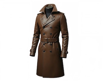Men’s Brown Genuine Leather Trench Coat – Double Breasted Belted Long Leather Coat – Luxury Winter Overcoat for Men