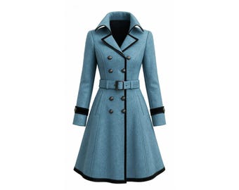 May include: A light blue double-breasted coat with a belted waist and black trim. The coat features a classic design with a notched collar, long sleeves, and decorative buttons. The coat's length extends to the knees.