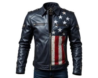 Giacca da motociclista in pelle di vacchetta con bandiera USA – Giacca da motociclista patriottica