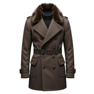 May include: Brown double-breasted coat with a faux fur collar and a matching belt. The coat features a pinstripe pattern, multiple pockets, and button details. A black turtleneck is visible beneath the coat's lapels. This classic coat is suitable for cold weather.
