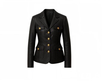Blazer militar de piel auténtica para mujer / Chaqueta con botones dorados