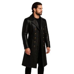 Men’s Black Leather Trench Coat – Genuine Cowhide Long Overcoat – Gothic Steampunk Military Style Jacket
