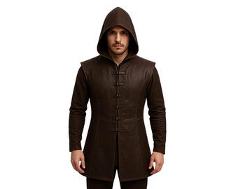 Handmade Medieval Hooded Leather Coat | Renaissance Cosplay Costume