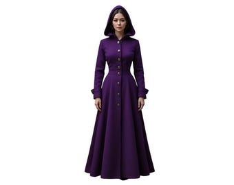 May include: A long, hooded, purple coat with a button-down front. The coat features a fitted bodice and a flared skirt, with gold-colored buttons and long sleeves. The coat is made of a smooth fabric and has a classic, elegant design.