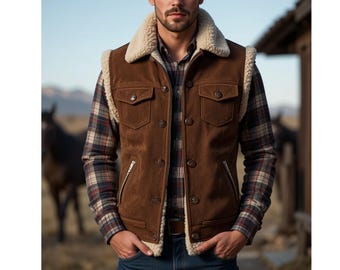Men’s Brown Suede Leather Vest – Western Cowboy Sleeveless Jacket, Warm Winter Ranch Style Men Outfit