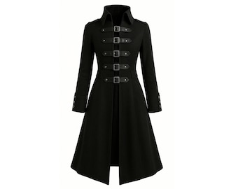 Gothic Military Black Long Coat | Buckle Steampunk Overcoat