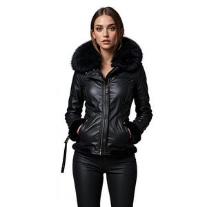 Women’s Black Faux Fur Hooded Leather Jacket – Slim Fit Moto Coat