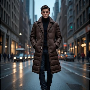 Könnte beinhalten: Eine Person trägt einen langen, braunen, gesteppten Mantel mit hohem Kragen und einem schwarzen Rollkragenpullover. Der Mantel ist zugeknöpft und hat Taschen. Die Person geht eine Stadtstraße entlang.