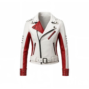 Handmade White and Red Leather Studded Biker Jacket – Women&#39;s Rocker Moto Coat