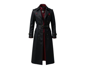 Gabardina gótica de cuero negro con bordado de calavera roja, estilo steampunk.