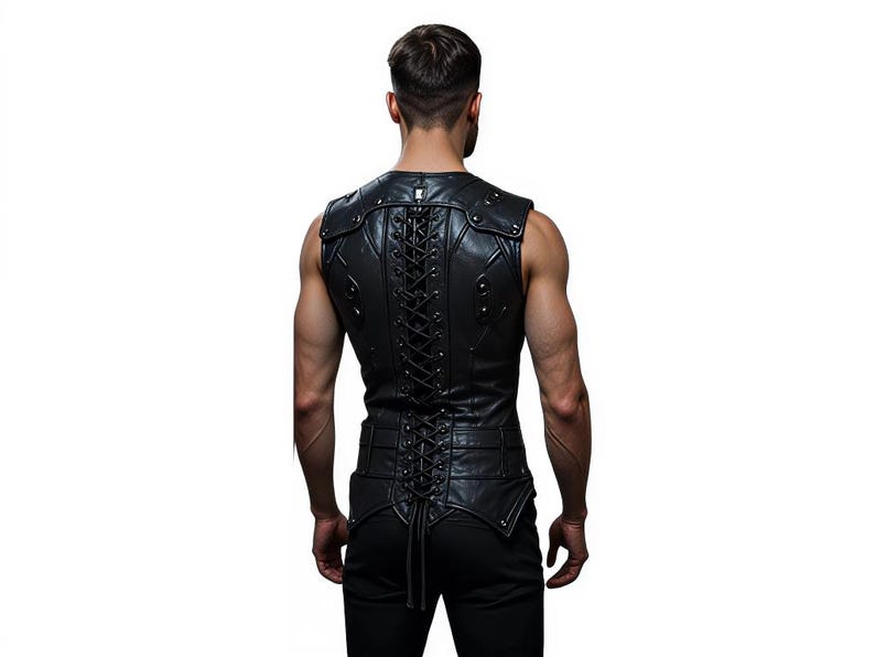 May include: Black leather vest with shoulder accents and a lace-up back. The vest features decorative stitching and metal studs. The person is wearing black trousers. The background is white.
