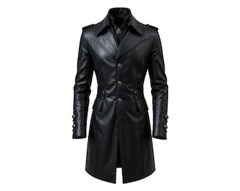 Men’s Black Genuine Leather Trench Coat | Gothic Military Long Jacket | Steampunk Victorian Overcoat