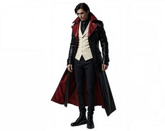 Men's Gothic Leather Trench Coat – Vampire Victorian Costume with Red Lining