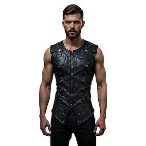 May include: Black leather vest with a zip-up front, decorative studs, and multiple pockets. The sleeveless vest has a fitted design and is worn over a black shirt. The vest is a stylish piece of apparel.
