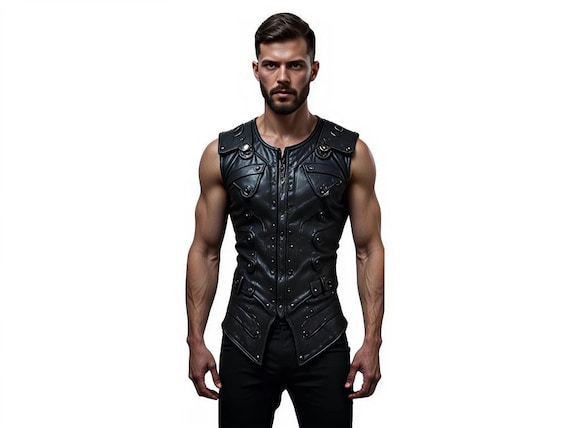 Men’s Gothic Leather Vest Sleeveless | Black Warrior Armor Style | Handmade Biker & Cosplay Vest