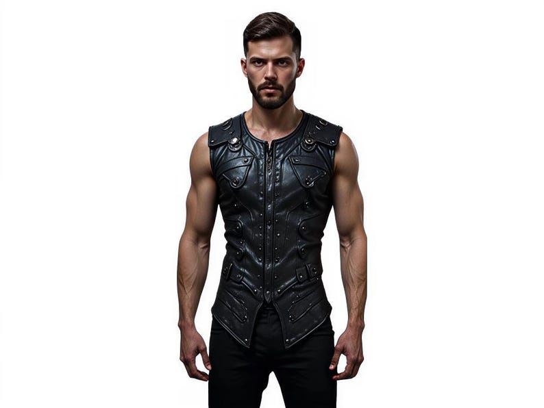 May include: Black leather vest with a zip-up front, decorative studs, and multiple pockets. The sleeveless vest has a fitted design and is worn over a black shirt. The vest is a stylish piece of apparel.