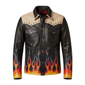Jaqueta masculina de couro preta com estampa de chamas, estilo cowboy ocidental com tachas, jaqueta vintage de motoqueiro rock com estampa de chamas, roupa retrô com design de fogo.