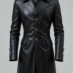 Men’s Gothic Military Black Leather Trench Coat | Victorian Steampunk Long Overcoat