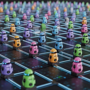 Pode incluir: Uma grade de figuras coloridas semelhantes a robôs em várias cores, incluindo laranja, rosa, azul, verde e roxo. Cada figura tem um corpo arredondado e uma luz brilhante no topo. Elas estão dispostas em uma superfície escura com linhas azuis brilhantes.