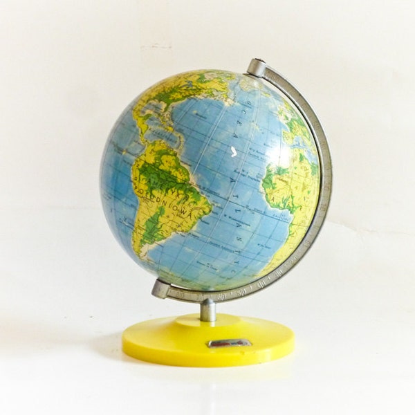 Vintage Small World Globe 6" inches 70s World Map Yellow Base
