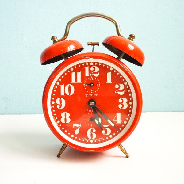 Vintage Red Orange Alarm Clock twin bells mechanical manual