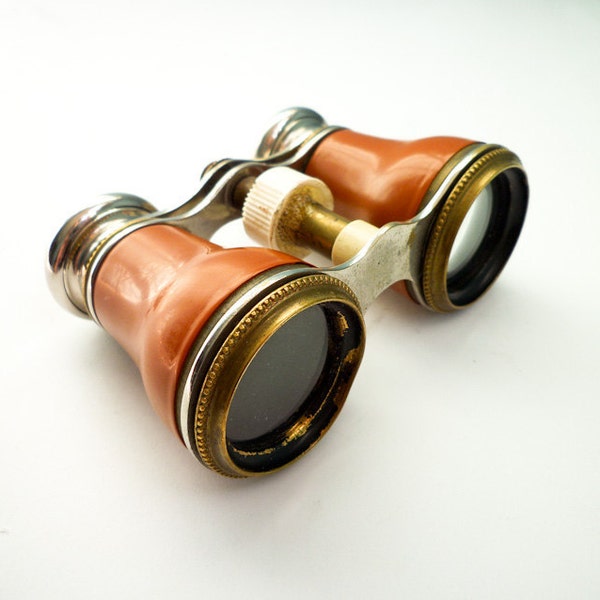 Antique Binoculars Opera Glasses Theater Small Chrome Brass Orange