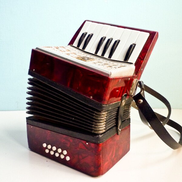 Vintage accordion red pearl russian for kids working condition