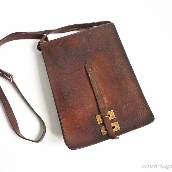 Vintage Brown Leather Bag Shoulder Military Messenger Bag 60s