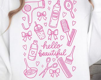 Pink Hair Stylist PNG, Hair Stylist Doodles, Downloadable Hair Salon Clipart, Hairdresser Digital File, Beauty Salon Wall Art T-shirt Design