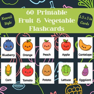 60 Kawaii Fruit & Vegetable Flashcards Printable Food Cards for Kids Montessori Learning Cards Digital Download Flash Card Toddler Learning
