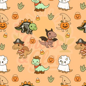 May include: A repeating pattern of cartoon dinosaurs in Halloween costumes on a light orange background. Dinosaurs are dressed as ghosts, pirates, cowboys, and skeletons. Also includes jack-o'-lanterns, candy corn, and green leaf shapes.