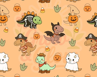 Kawaii Cute Halloween Dinosaur Seamless Pattern with Cute Dinosaurs in Costumes Halloween Themed Dinos Digital Paper Boys Halloween Pattern