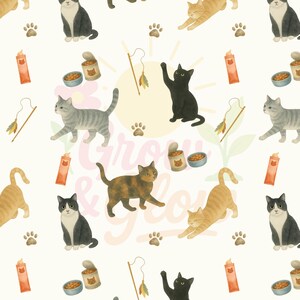 May include: A repeating pattern featuring various cat illustrations in shades of orange, black, gray, and brown. The design includes paw prints, cat food, and toy wands on a cream background. The text "Grow & Glow" is also visible.